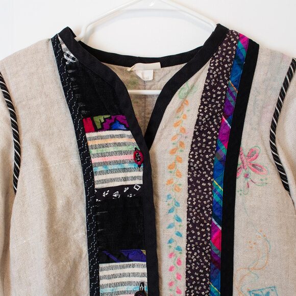 Linen Blend S VTG Lagenlook Lynn Murray Patchwork Pattern Art Boho Blazer FLAW - Picture 6 of 15